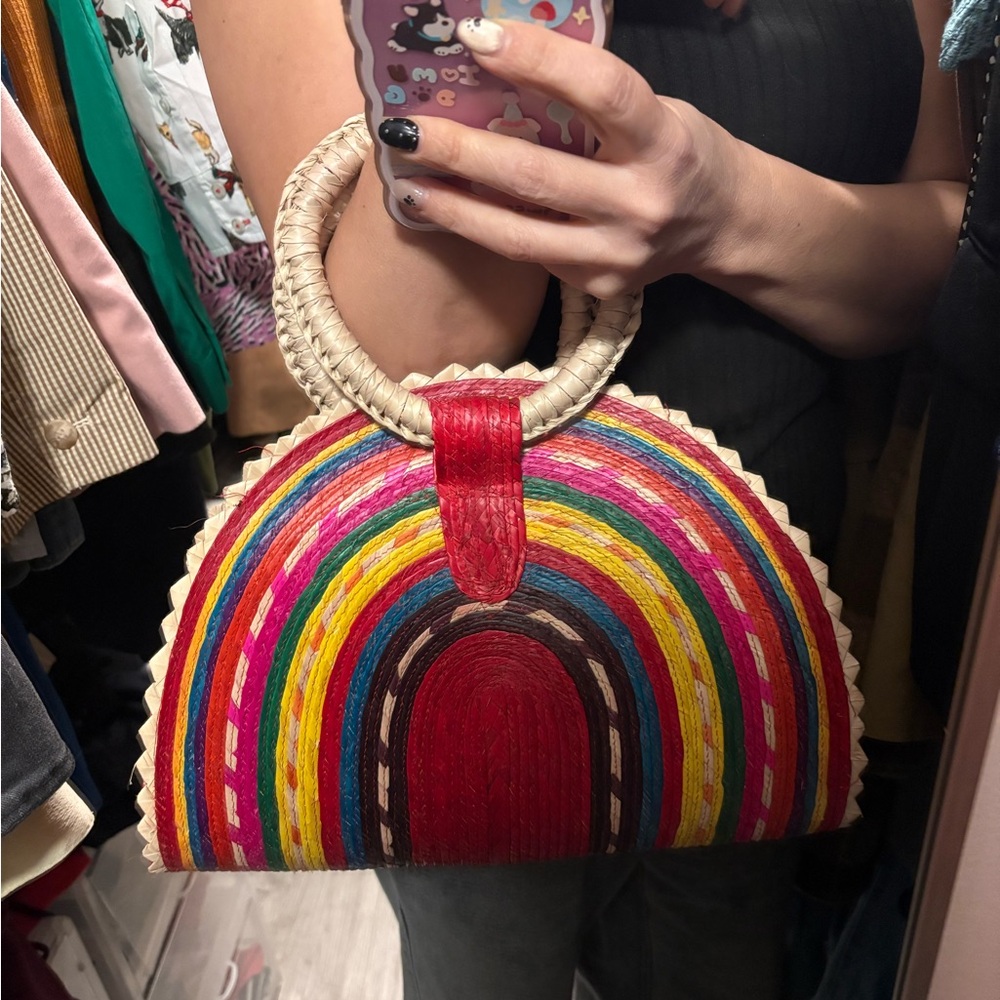 Free People Multicolor Straw Half-Moon Clutch with Natural Handles - Picture 2 of 4